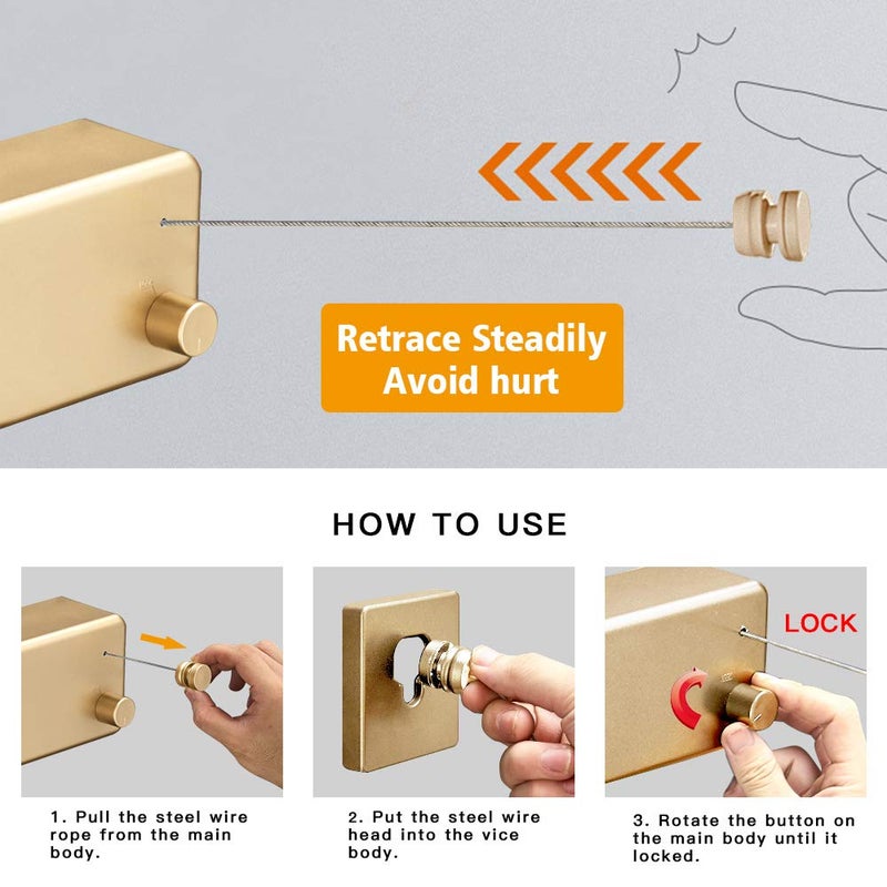 BESy Retractable Clothesline ABS case+Aluminum Dryer with Adjustable Stainless Steel Double Rope String Hotel Style Heavy Duty,Wall Mounted Method, 13.8 Feets,Gold - Image 3